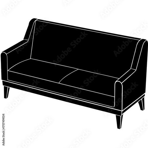 Classic black sofa silhouette with cushions isolated on white background