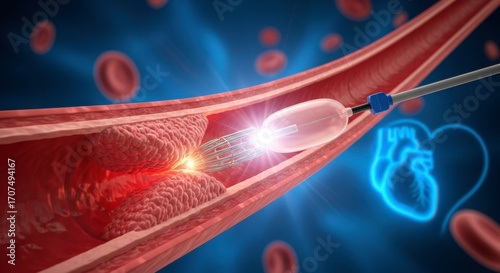 Illustration of angioplasty procedure with stent placement in blood vessel lumen
