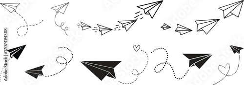 Vector set of hand drawn doodle paper airplane isolated on white background. Line icon symbol of travel and route. Vector icon.Paper plane with dotted line, Origami paper airplane, Travel symbol,