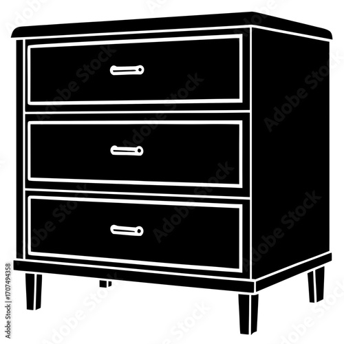 A black silhouette of a three drawer chest of drawers with handles isolated on white background