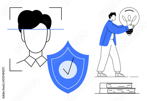 Minimalistic design with face recognition interface, security shield with checkmark, person holding light bulb, and stacked books. Ideal for technology, AI, biometrics, security, education