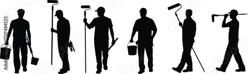 Painter silhouette set, paint roller pose, bucket icon, black vector, home improvement, worker graphic, tool belt figure, DIY action