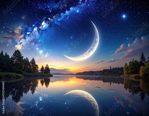 A serene lake reflects a crescent moon and a starlit sky, a breathtaking fantasy landscape.