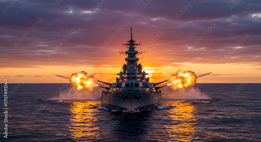 Fototapeta premium Battleship Guns Firing Under Sunset Colors of War Power and Might