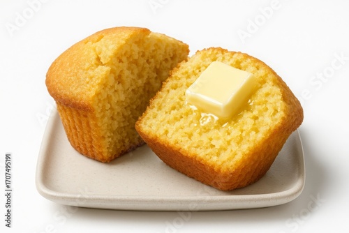 Cornbread muffins on a plate, one cut open with butter melting on top.
