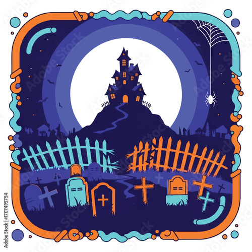 Spooky haunted house on a hilltop at night, surrounded by a graveyard and a full moon.