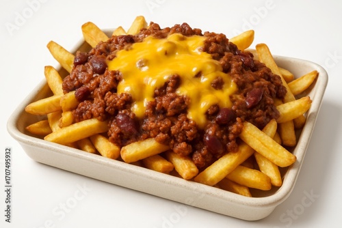 Chili cheese fries: golden fries topped with chili and melted cheese.