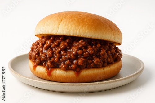 A sloppy joe sandwich on a white plate against a white background.