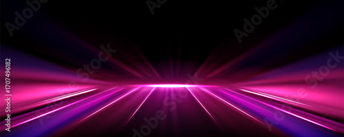 Dynamic speed light streak with magenta rays and purple glow on black background for motion graphics. Neon lines converge at horizon with vibrant pink beams for futuristic technology designs.