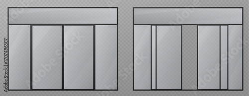 Glass entrance doors with black metal frames and transparent panels - modern storefront design for commercial buildings. Contemporary architecture elements. Professional business access systems
