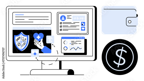 Computer screen displaying digital medical data, graphs, and health insurance shield with wallet and dollar sign. Ideal for healthcare, insurance, technology, finance, digital tools, budget