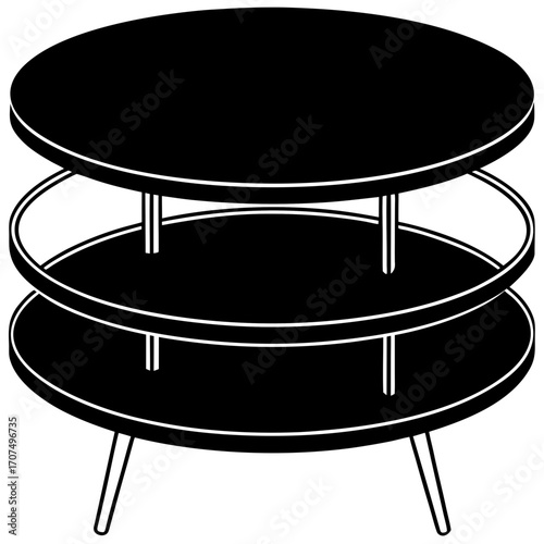 Three tier round side table with mid century modern legs silhouette isolated on white background