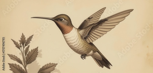 A meticulously detailed hummingbird illustration in sepia tones, evoking a classic ornithological print.