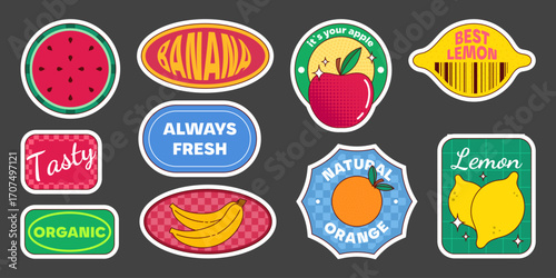 Retro fruit stickers set isolated on black background. Flat vector illustration of creative color labels for fresh watermelon, orange, apple, lemon, banana, organic food quality badges, market stamps