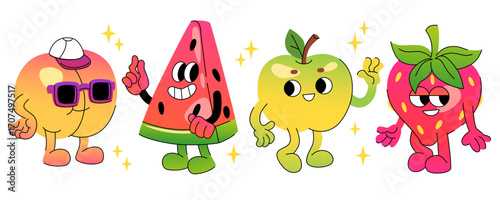 Groovy cartoon fruit persons with retro style - peach with cap and sunglasses, watermelon slice, green apple waving hand, cute strawberry with leaf. Vibrant characters for fun children design.