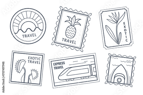 Travel postage stamp set with exotic destinations and express mail designs for vacation themes. Circular badge with sunset, pineapple mark, tropical flower and train ticket. Retro postal elements