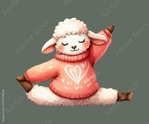 Lamb sitting in lotus position, yoga, mat, autumn, leaves, watercolor style, vector, hand drawn.
