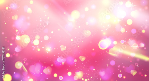 Magical background with floating heart shapes on pink gradient - golden bokeh lights and sparkle effects for romantic mood. Valentine celebration design elements. Dreamy blurred wedding invitation.