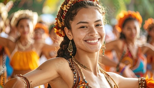 Group Performs Synchronized Ethnic Dance in Vibrant Orange Outfits with Ornate Headdresses Outdoors in Bright Daylight