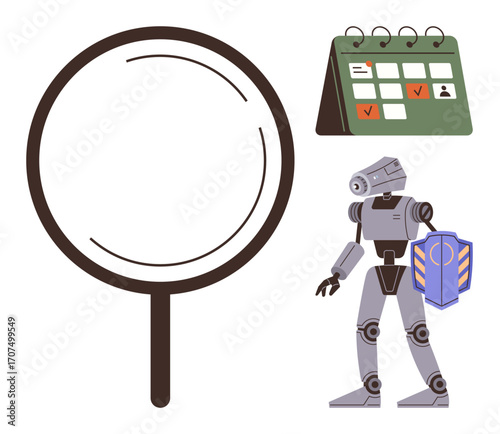 Magnifying glass, robot with shield, and calendar with marked dates. Ideal for cybersecurity, research, futurism, AI, analysis planning and technology themes. Simple flat metaphor