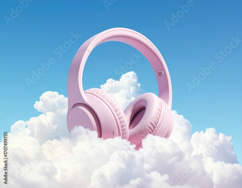 A pair of pastel pink headphones floats serenely amongst fluffy white clouds against a clear cerulean sky, radiating a sense of peace and quiet enjoyment.