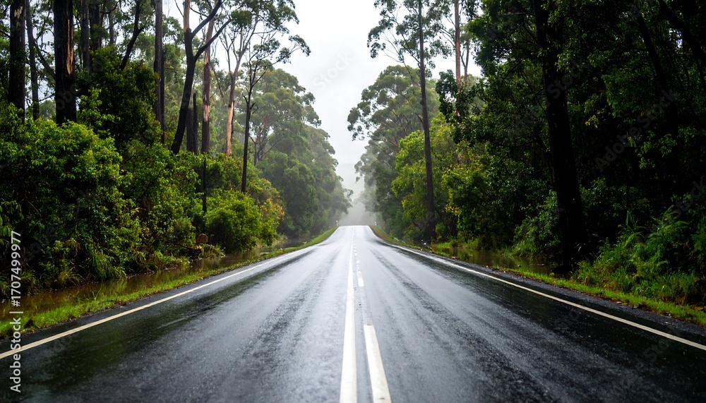 Fototapeta premium Rainy road through a lush forest