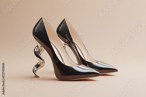 Elegant black stiletto heels with a unique sculpted silver heel exude luxury and sophisticated fashion style