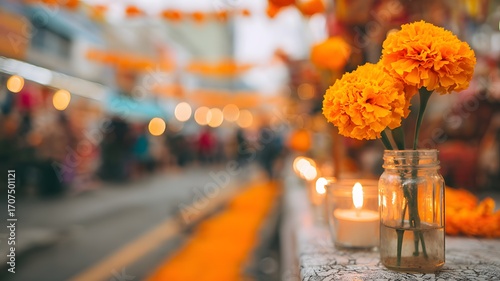 A vibrant altar decorated for Dia de Muertos. Marigold flowers in jars and candles create a festive atmosphere. Colorful decorations adorn the background.