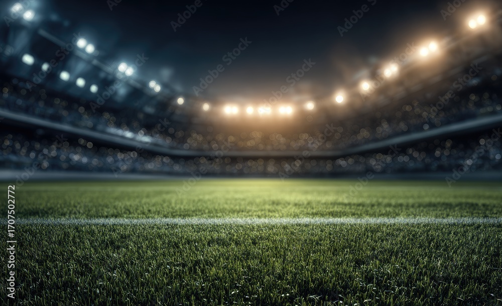 Fototapeta premium Illuminated Stadium Pitch Perspective with Blurred Spectators and Bright Lights