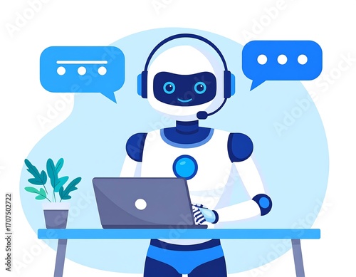 Robot assistant working on a laptop