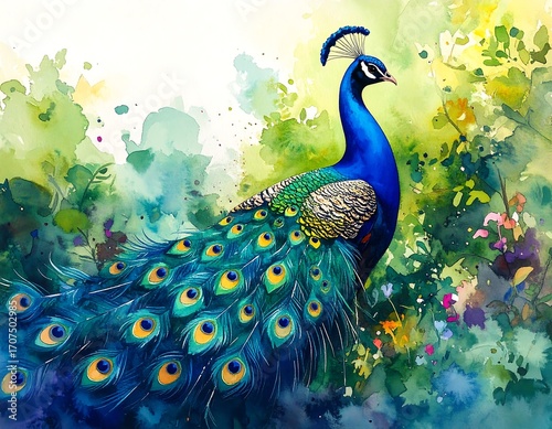Vibrant peacock in a lush watercolor garden