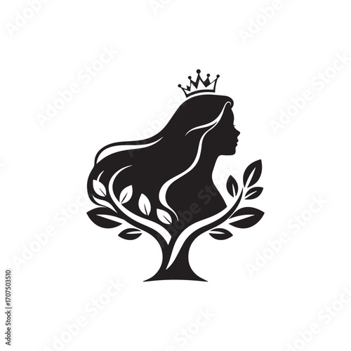  A vector style logo with a silhouette of a woman with long hair. 