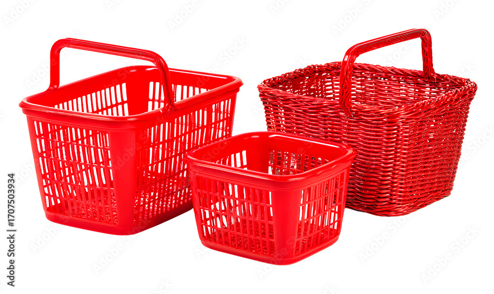 Fototapeta premium 3 red plastic baskets isolated on a transparent background,.png