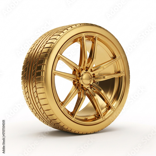 A golden car rim with a tire, isolated on a white