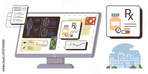 Computer monitor displaying patient medical history, diagnostic images, DNA analysis, and prescriptions. Ideal for telemedicine, health data analysis, pharmaceuticals, diagnostics, digital
