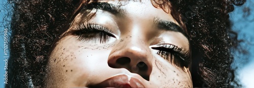 A close-up shows a person's face with closed eyes, freckles, and curly hair against a blue sky, bathed in sunlight creating shadows and highlights