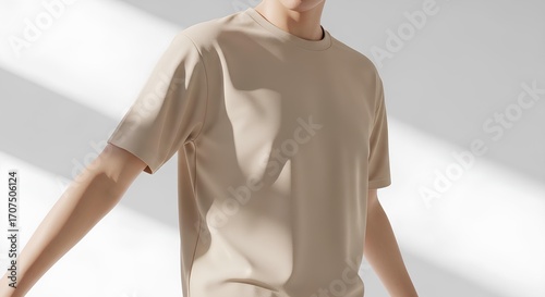 Minimalist fashion concept with an unrecognizable person wearing a plain beige t-shirt. Clean and simple aesthetic for casual apparel and clothing mockups with natural light