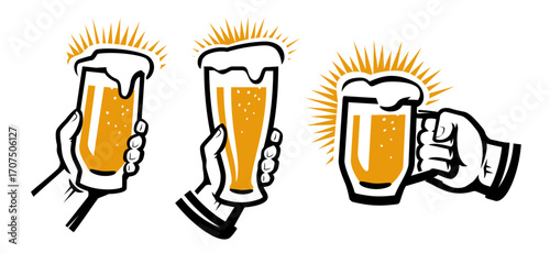 Hand holding beer glass emblem. Oktoberfest, pub menu concept. Mug with alcoholic drink, goblet toasting beverage symbol