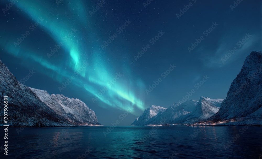 Fototapeta premium A serene nightscape features vibrant, green aurora borealis dancing above still waters flanked by snow-covered mountain peaks