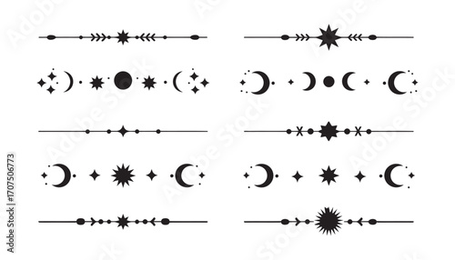 Mystical celestial divider collection with moon phases, sun, and stars. Esoteric line art borders for astrology and magic design projects