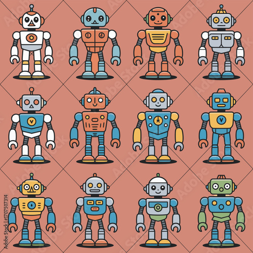 Collection of cute and colorful cartoon robot characters in a retro style. Vector illustration set of futuristic androids and cyborgs for kids