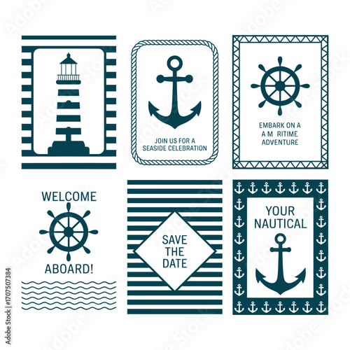 Collection of nautical themed invitation templates and marine symbols in vector format. Set of six cards with anchor, lighthouse, and ship wheel designs