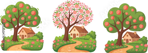 Beautiful peach trees near cozy house, spring garden landscape, blooming peach fruits, charming home exterior, peaceful nature scene, vibrant flowers, scenic pathway