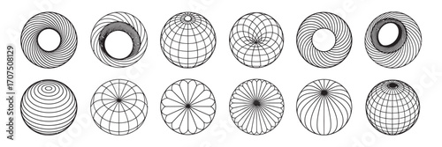 Abstract wireframe vector objects. A collection of minimalist 3D geometric sphere and torus forms for scientific and technological design