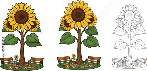 Beautiful sunflower tree illustration with benches, colorful flowers, peaceful garden setting, nature art, summer vibes, outdoor relaxation, bright yellow petals.