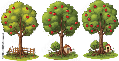 Cartoon apple trees with red apples, green foliage, garden fences, small houses, grassy landscape, nature orchard, fresh fruit, outdoor scenery.