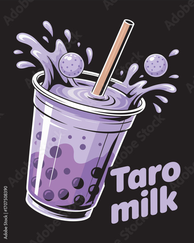 A vibrant purple taro bubble tea or boba drink splashing dynamically from a clear cup with a straw. Vector graphic art isolated on a dark background