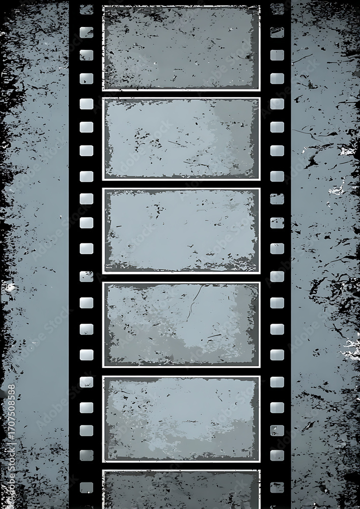 Obraz premium Film strip grunge background with retro colors, grain texture, solid gray and blue shades, simple composition and white space between frames.