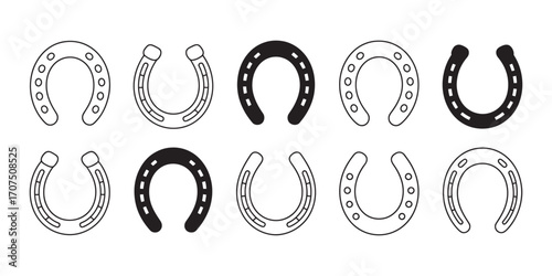 A diverse set of black horseshoe icons, featuring both solid silhouette and simple outline styles. Vector graphic collection of lucky charm symbols for design. 