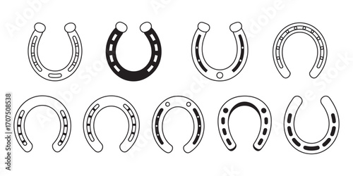 Collection of black and white horseshoe vector icons. Set of various outline and silhouette graphic illustrations for luck symbols